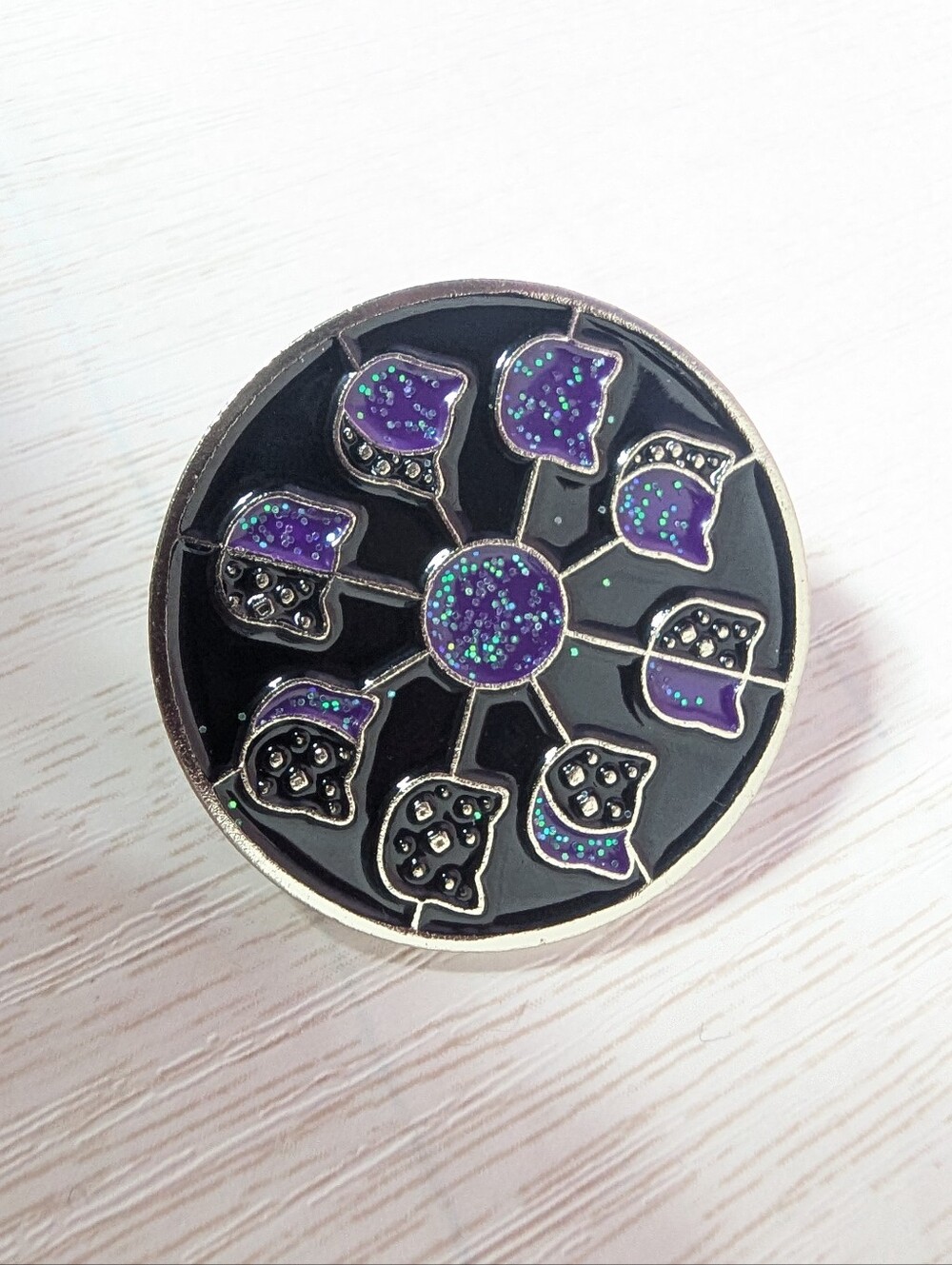 Cat moon phases glitter enamel pin black purple galaxy